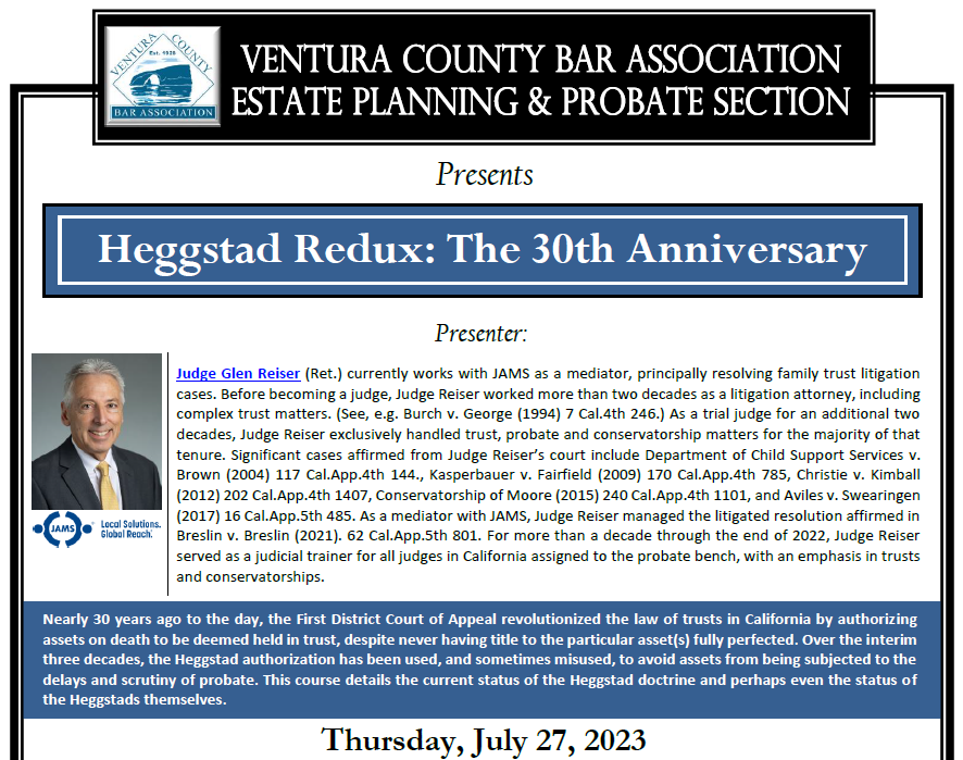 VCBA1's tweet photo. The EPP Section is hosting a virtual MCLE this Thur. 7/27 at noon titled, “Heggstad Redux: The 30th Anniversary.”

Hope you can join us. Ways to register: (805) 650-7599, Sandra@vcba.org and VCBA Calendar https://t.co/R1RywD9Z6t https://t.co/Hq0yIhAjKY