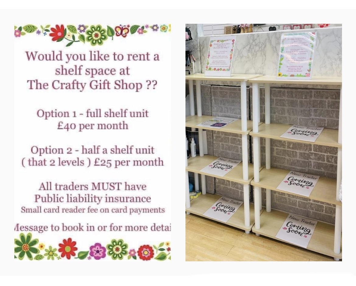 Would you like to sell what you make inside of a real shop ??

Message us ( The Crafty Gift Shop ) for more details or pop in and see us 

* photo shows 2 full shelf units 
* all traders must have pli