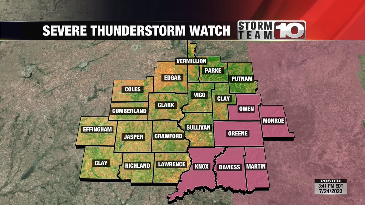 StormTeam_10's tweet photo. A Severe Thunderstorm Watch has been issued for highlighted portions of the Wabash Valley until 7/24 10:00PM EDT.

Stay with Storm Team 10 for the latest information. https://t.co/JFimT1LiF5
