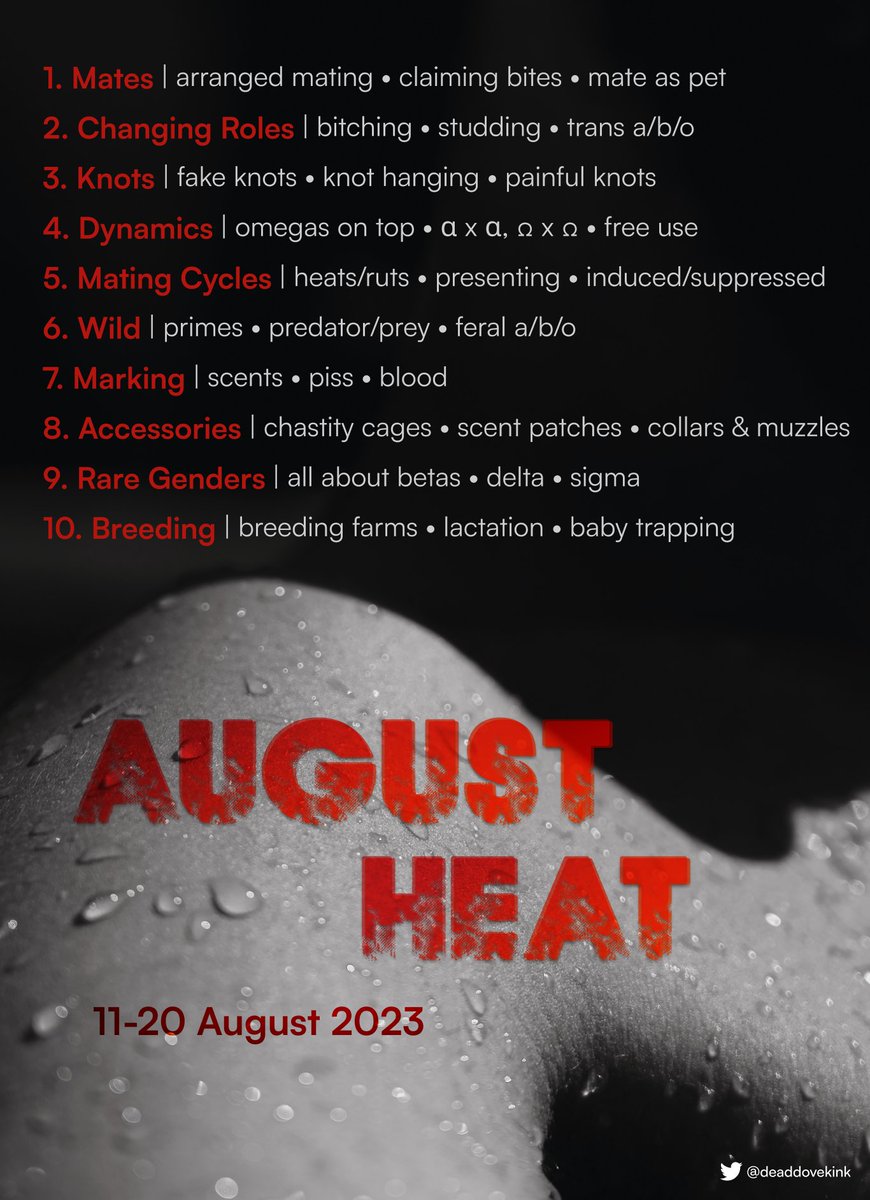🔥August Heat (A/B/O) '23 🔥

Fan the flames of Omegaverse this August with our A/B/O event.

As always, art and fics, any and all fandoms, and original content are all welcome!  prompt cards, rules, FAQs, &amp; more ↓listed below↓ shortly

Don't forget to share!