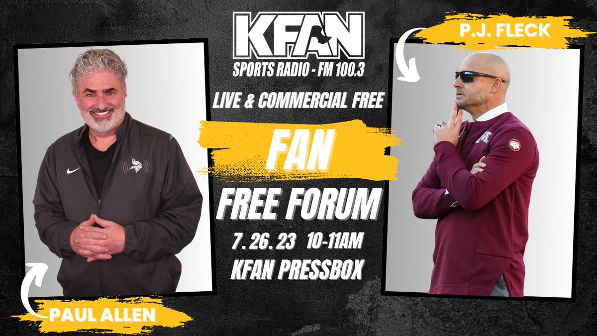 KFAN1003's tweet photo. 🚨 Win your way in! 🚨

RT this post for your chance to win a pair of passes to the FAN Free Forum this Wednesday from 10-11am with @PAOnTheMic and @GopherFootball Head Coach P.J. Fleck! https://t.co/5A1yb39EM9
