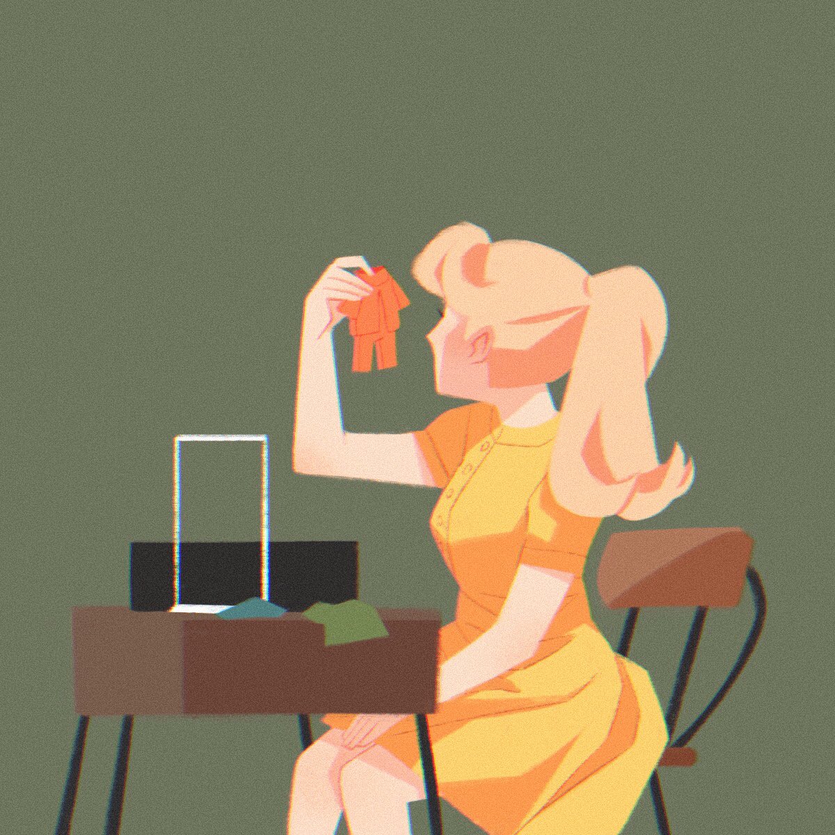 1girl dress solo sitting yellow dress short sleeves blonde hair  illustration images
