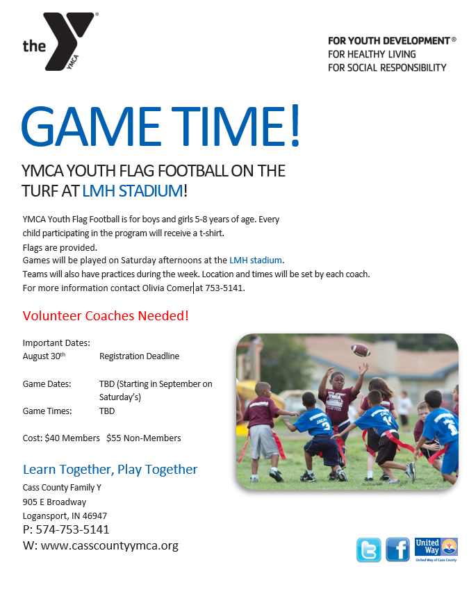 Flag Football is HERE!! Boys and girls ages 5 to 8 are welcome to play. Games will be held at LMH Stadium near the high school. The last day to register is August 30th!
casscountyymca.org/about-us/progr…