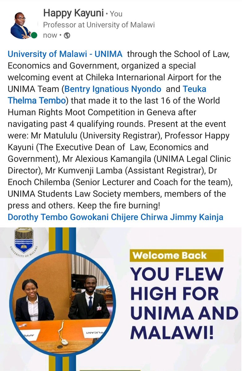 Welcomed home our <a href="/unima_official/">University of Malawi (UNIMA)</a> Team after the Moot court competition in Geneva👇 <a href="/Gowokani11/">Gowo</a> <a href="/JKainja/">Jimmy Kainja 🇲🇼</a>