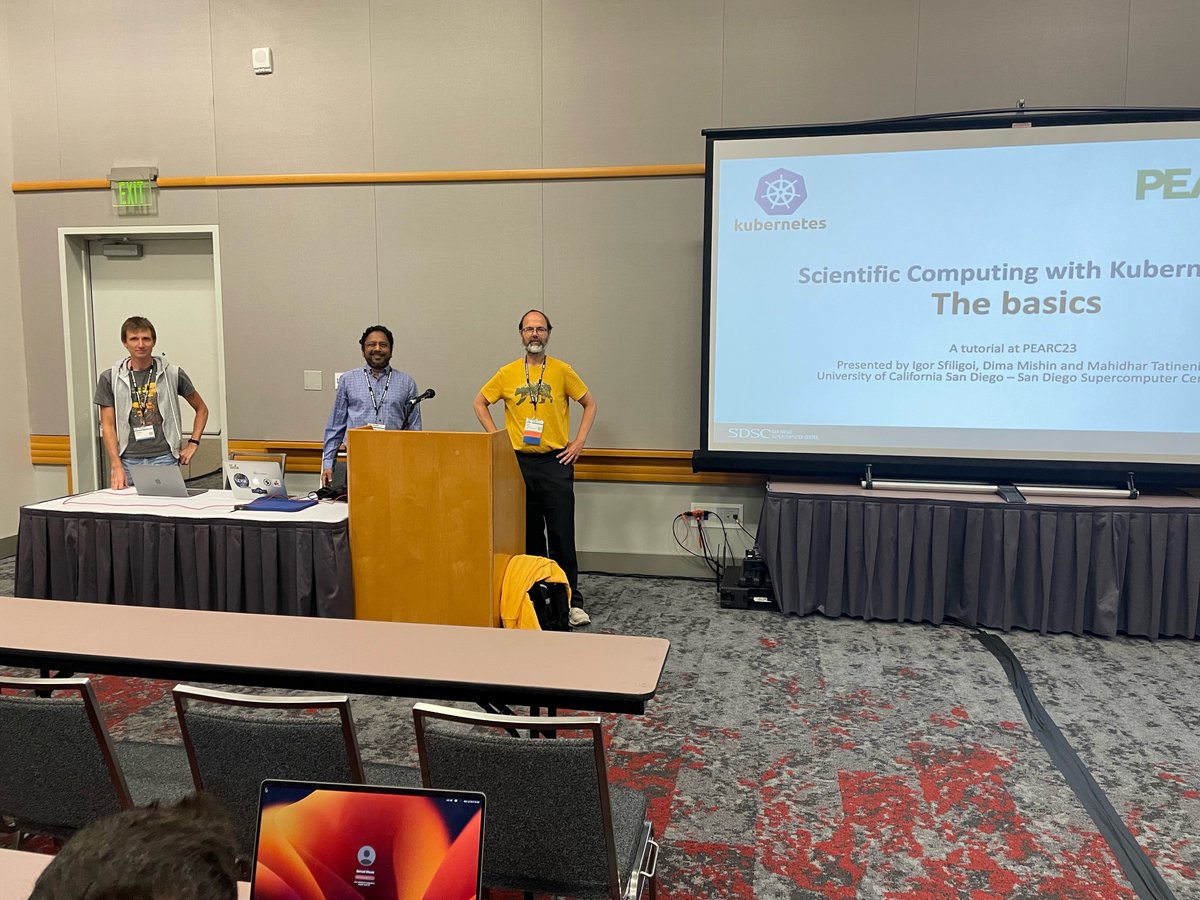 SDSC's Igor Sfiligoi, Mahidhar Tatineni, and Dima Mishin lead a Kubernetes tutorial at #PEARC23. 

These tutorials provide participants with in-depth training in using, facilitating, or operating #researchcomputing services + #dataresources.