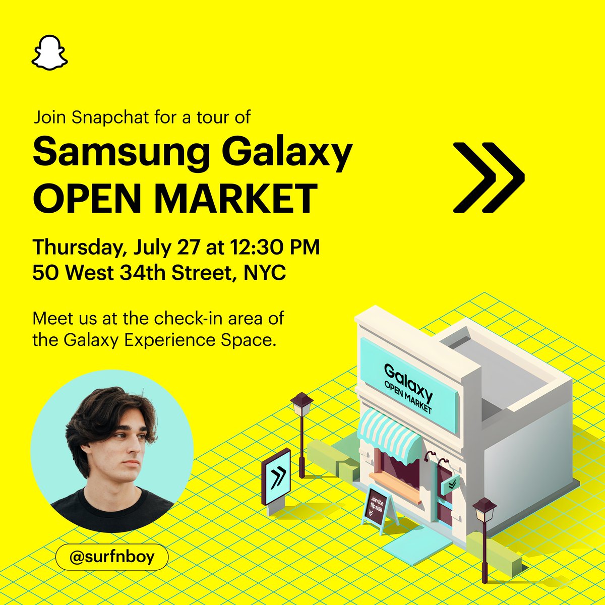 Join Snapchat and Snap Star @surfnboy for an exclusive tour of Samsung's Galaxy OPEN MARKET! #Jointheflipside Engaging experiences and unique gifts await – bring a friend and celebrate the joy of tech, together! Learn more 👉 news.samsung.com/us/join-flip-s…