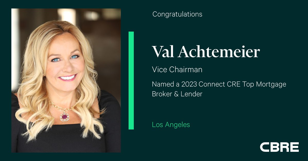 Congratulations to Val Achtemeier for being named to <a href="/connectCRE/">Connect Commercial Real Estate</a>'s Top Mortgage Brokers and Lenders for 2023. cbre.co/3O5bBfk