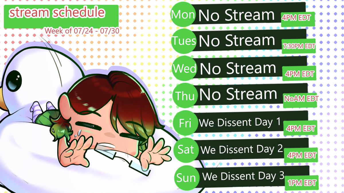 Duckie2010's tweet photo. Official schedule for this week! I will ve participating in the @WeDissentStream event hapoe ing this weekend, so come join me for some randomizer shenanigans and come help us raise money for @TransLifeline <3 https://t.co/G3bOgFtJXo