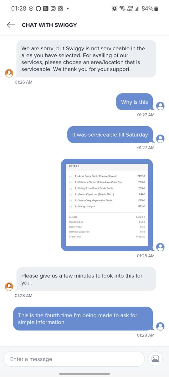 karanahuja's tweet photo. @Swiggy doesn't want camps business? 

@SwiggyCares @SwiggyInstamart @harshamjty 

4 chats and 1 call later, still no one can tell me why instamart is no longer serviceable in Pune Camp. https://t.co/C2Qq8Qg0VM
