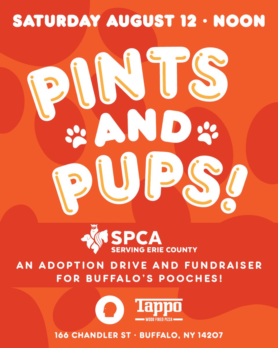 The SPCA is teaming up with @ThinManBrewery and Tappo Pizza for a special adoption event next month! Get ready to meet lots of adoptable cats and dogs during the 'Pints and Pups' event! 

📆 Saturday, August 12
⏰ 12 p.m. to 3 p.m.
📍 166 Chandler Street, Buffalo