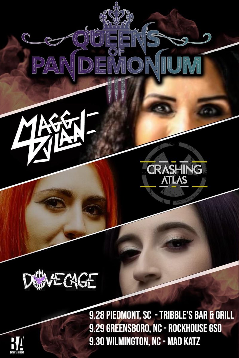 Queens of Pandemonium is coming at you in September! 3 dates with our fellow rock queens in <a href="/maggdylan/">maggdylan</a> and @dovecageband 🖤 can’t wait to see you there 😈 

#rockqueen #rocknroll #hardrock #tour #northcarolina #southcarolina #rockband #rockbands