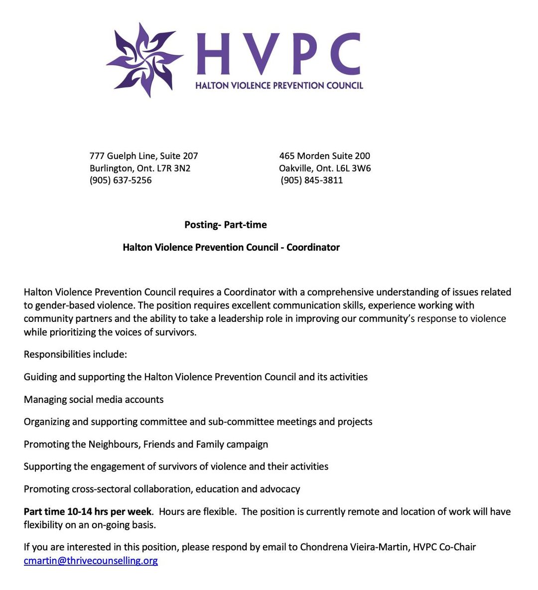 📢 HVPC is hiring! 

Let us know if you are interested in working part-time as the Halton Violence Prevention Council's coordinator!

Check out the job application below: 

#hvpc #halton #halton #remotejob #hiring #ontario #coordinator #milton #oakville #haltonhills #burlington