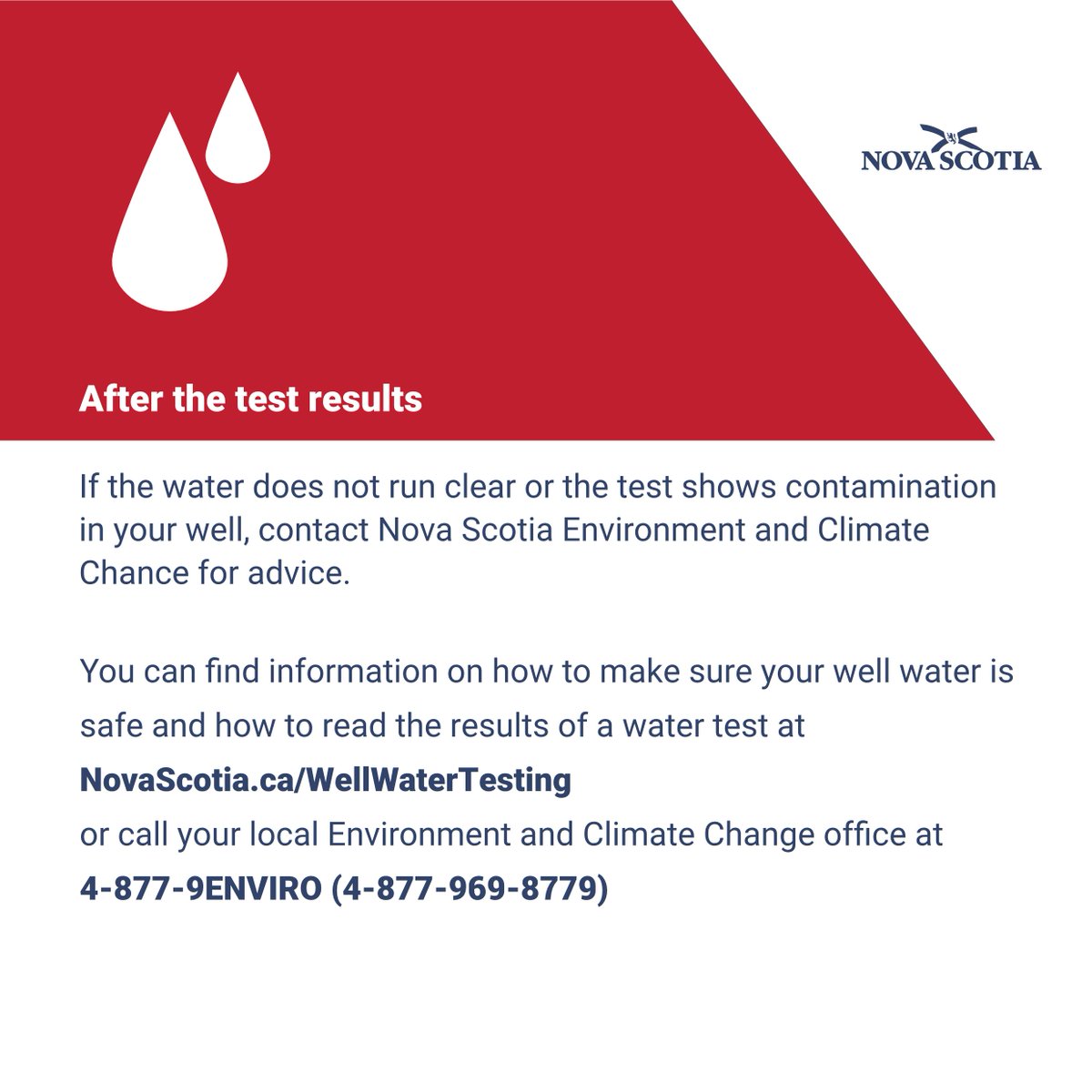 After a flood, well water may be contaminated with bacteria and chemicals that can make it unsafe to drink. Here are some tips to ensure it is drinkable.

These tips and other flood supports are available at novascotia.ca/storm-support/.