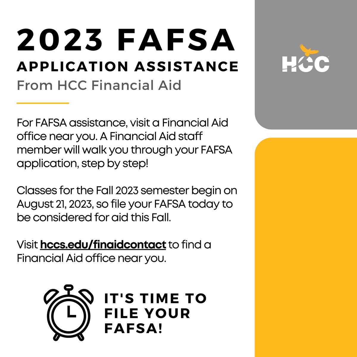 Have you filed your FAFSA application for the Fall semester? If not, visit Financial Aid to get step-by-step assistance submitting your application. Visit hccs.edu/contactfinaid to find a campus near you.

#finaid #FAFSA #WeAreHCC