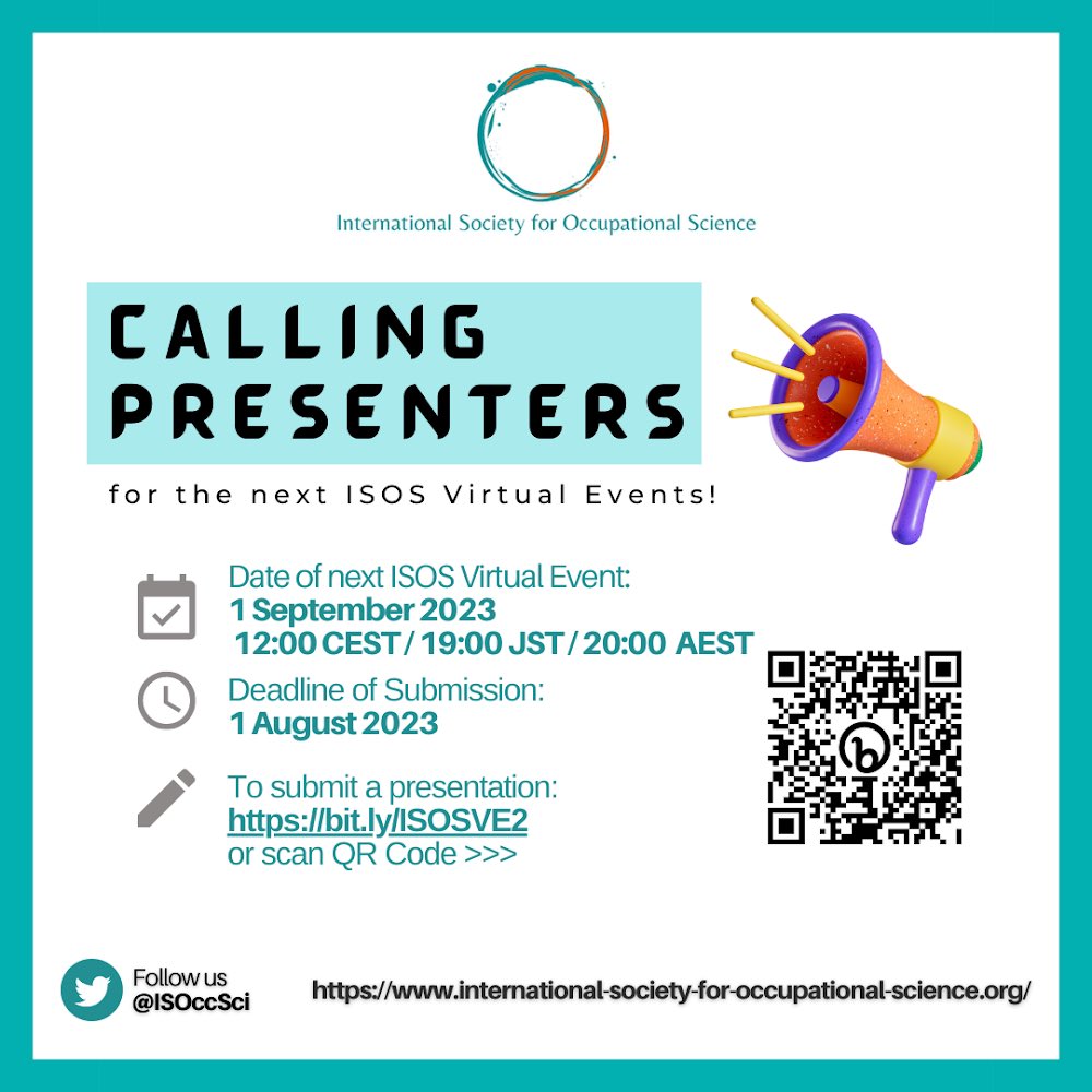 📢 Open Call for Presenters! 🌟 Interested in discussing Occupational Science and exchanging fascinating ideas? Apply now to present an intriguing topic at our virtual events! 
🔗 Apply here: docs.google.com/forms/u/0/d/e/…

#OccupationalScience #VirtualEvent #CallForPresenters