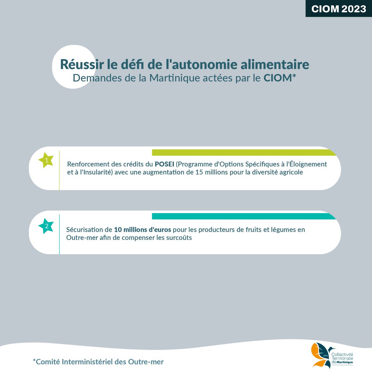 CTM_Martinique's tweet image. Les demandes de la Martinique actées par le #CIOM ! 

Thématique : Réussir le défi de l'autonomie alimentaire