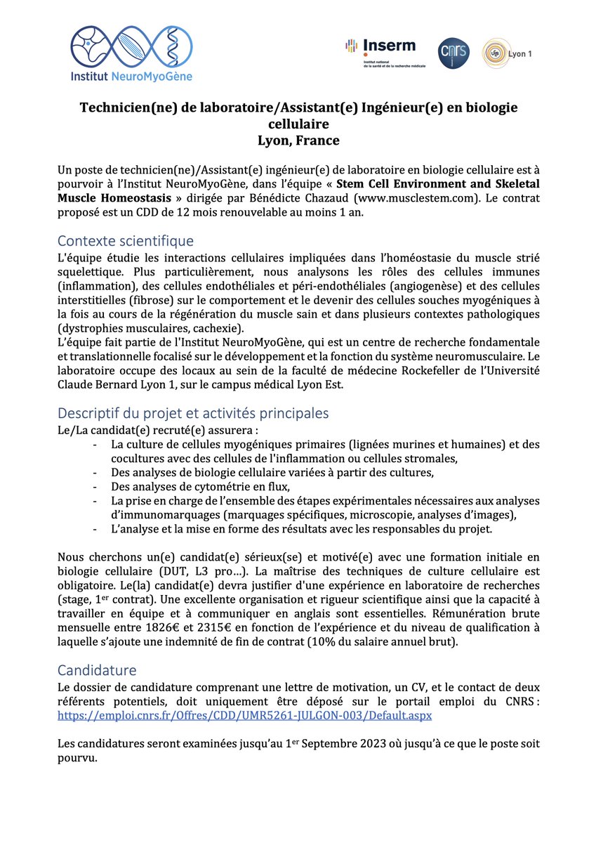GondINMG's tweet photo. Nous recrutons un(e) technicien(ne) / AI spécialisé(e) en biologie cellulaire appliquée à l'étude du muscle strié squelettique normal et pathologique @BenChazaud @iNeuroMyoGene 
Les candidatures sont à adresser https://t.co/4ol58F3GqO https://t.co/4VM1CjhoWo