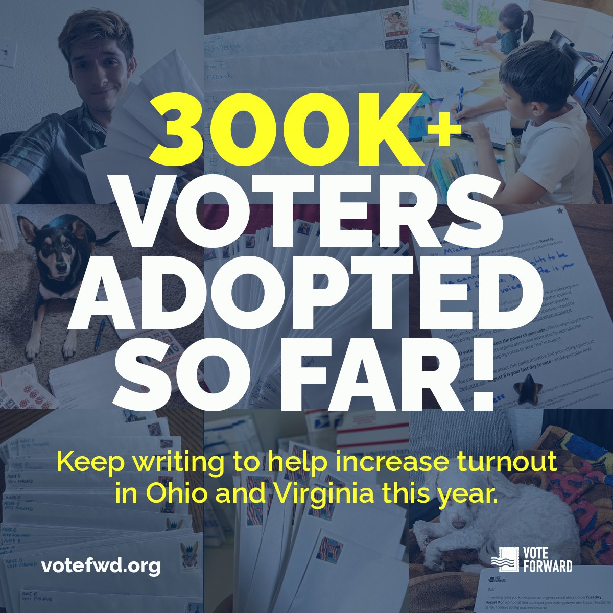 votefwd's tweet photo. You've adopted more than 300,000 voters in Ohio and Virginia so far! Let's keep the momentum going: https://t.co/j0XJSuLLTD https://t.co/AcwDgHYkbh