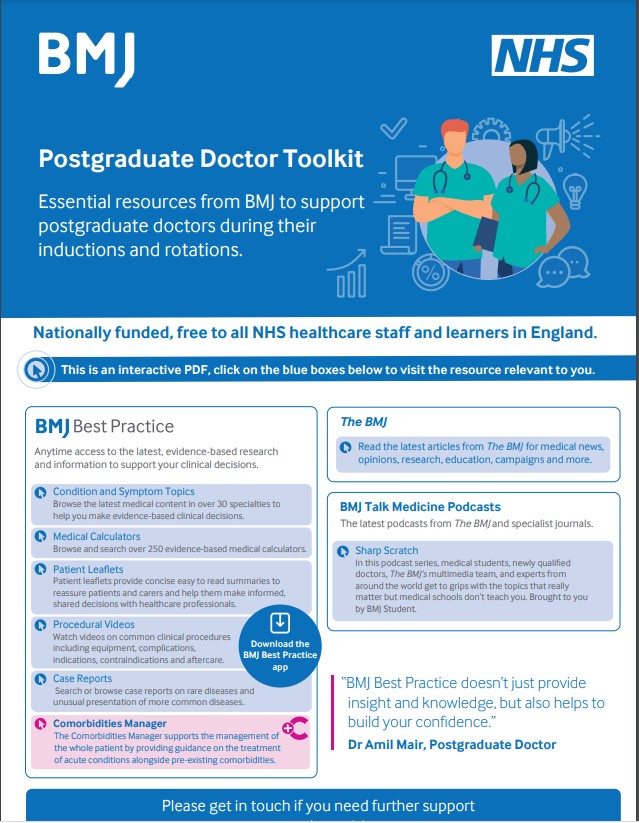 NewcombLibrary's tweet photo. Did you know @BMJBestPractice offers step-by-step #guidance on #diagnosis, treatment & prevention
and #MedicalCalculators & #PatientInformationLeaflets
Find out more from this interactive Postgraduate Doctor Toolkit pdf⬇️➡️ https://t.co/7fCxKButuT https://t.co/qse3jxKeix