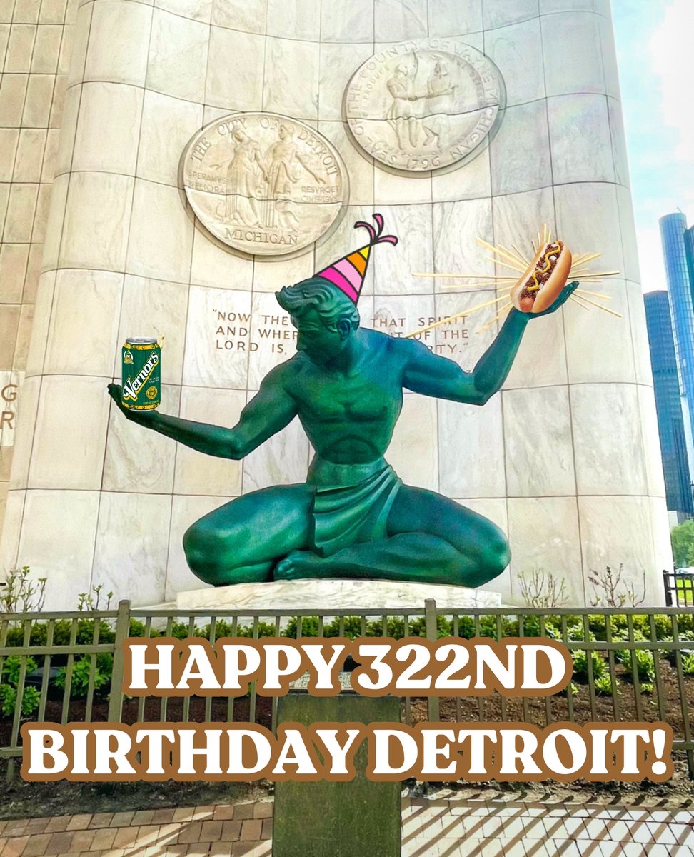 Go Detroit, it’s your birthday! 🎂🎶 The City of Detroit turns 322 today. The Spirit of Detroit is celebrating with some Detroit classics like @VernorsSoda and a Coney dog!🥤🌭 How are you celebrating today? 👀