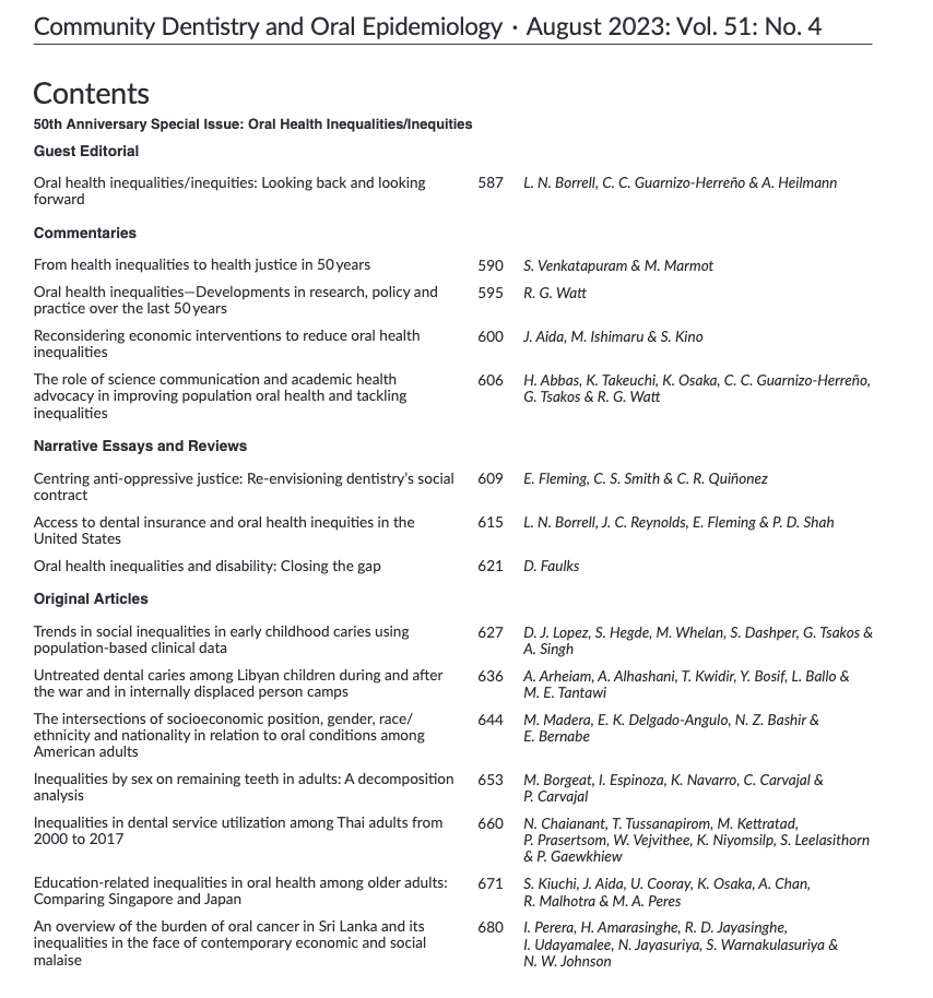 Community Dentistry Oral Epidemiology (@commdentoralepi) on Twitter photo The issue includes 15 articles by <a href="/sridhartweet/">Sridhar Venkatapuram MSc MPhil PhD MFPH(Hon) FRSA</a> <a href="/MichaelMarmot/">Sir Michael Marmot</a> <a href="/TsakosGeorgios/">Georgios Tsakos</a> @drankursingh99 <a href="/RichardGWatt/">Richard Geddie Watt</a> <a href="/DrEFleming7/">Dr. EFleming (she/her/hers)</a> <a href="/arheiam/">Arheiam Arheiam</a> <a href="/MahaElTantawi/">Maha ElTantawi</a> <a href="/MarcoPe87813730/">Marco Peres</a> @_anjaheilmann <a href="/LuisaBorrell/">Luisa N. Borrell @lborrell.bsky.social</a> & many non-twitterers (or now, TheX-ers)
Thanks to all authors, editors & reviewers 👏 The issue includes 15 articles by <a href="/sridhartweet/">Sridhar Venkatapuram MSc MPhil PhD MFPH(Hon) FRSA</a> <a href="/MichaelMarmot/">Sir Michael Marmot</a> <a href="/TsakosGeorgios/">Georgios Tsakos</a> @drankursingh99 <a href="/RichardGWatt/">Richard Geddie Watt</a> <a href="/DrEFleming7/">Dr. EFleming (she/her/hers)</a> <a href="/arheiam/">Arheiam Arheiam</a> <a href="/MahaElTantawi/">Maha ElTantawi</a> <a href="/MarcoPe87813730/">Marco Peres</a> @_anjaheilmann <a href="/LuisaBorrell/">Luisa N. Borrell @lborrell.bsky.social</a> & many non-twitterers (or now, TheX-ers)
Thanks to all authors, editors & reviewers 👏