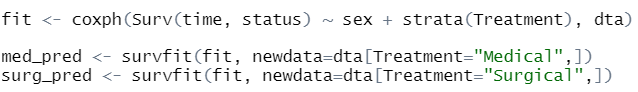 SuYaming's tweet photo. @f2harrell @vandy_biostat @EdgeforScholars Suppose sex is the only baseline covariate to adjust KM curve with PH manner, and I do it with Cox PH model. Is the following code appropriate way to get the adjusted survival? Should I take the median or mean of med_pred$surv or surg_pred$surv for plotting "adjusted" KM plot? https://t.co/ac9CrF0wp8