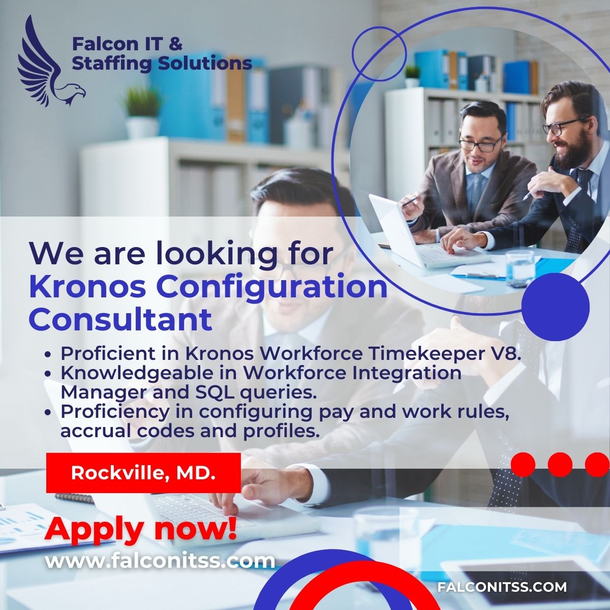 #HIRING a Kronos Configuration Consultant to provide admin and functional support to MCtime end users.

📌 APPLY HERE: bit.ly/46RzAHv
📧 Email Mitchell Cohen at mcohen@falconitss.com to apply.
📍Location: Rockville, MD.

@falconitss
#kronos #techjobs #consultantjobs