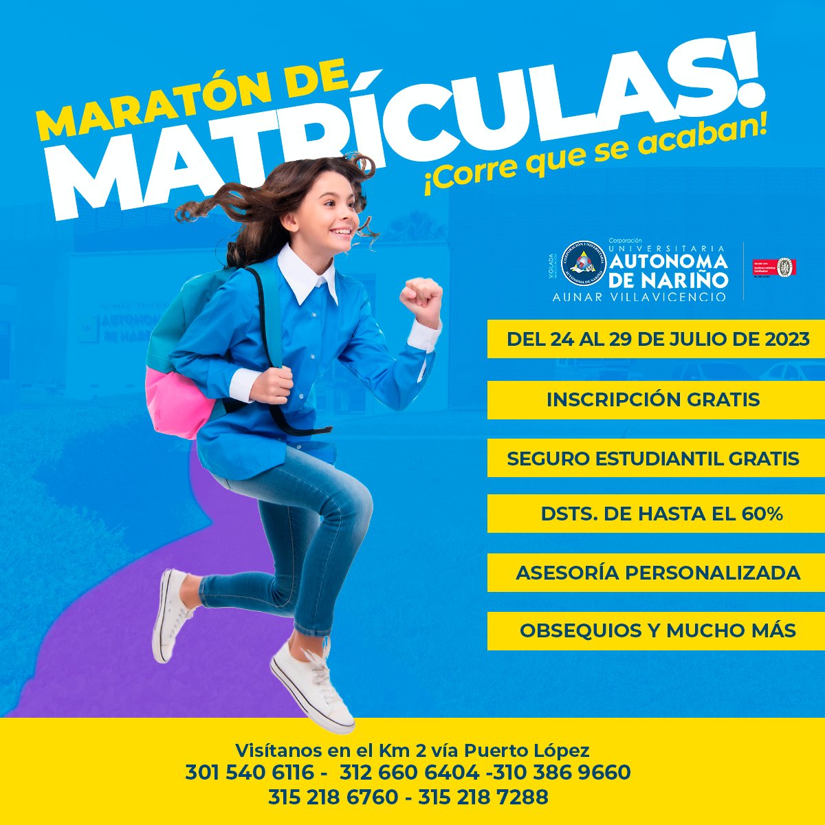¡MARATÓN DE MATRÍCULAS!

A partir de hoy 24 hasta el 29 de julio de 2023 para que inicies tu proceso de matrícula

Info 301 540 6116
💙💛

Visítanos 📍 vía a Puerto López Km 2, margen izquierda.

#AunarVillavicencio #Solofaltastú #estudiaconnosotros #villavicencio #Aunar