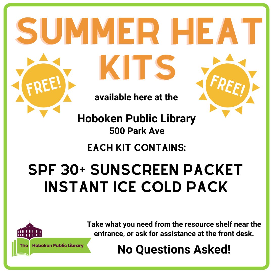 We are offering FREE Summer Heat Kits at the Library! Take what you need, no questions asked. Get them from the Community Resource Shelf by the main entrance (500 Park Ave), and please, if you know someone in need of these items, let them know about this.