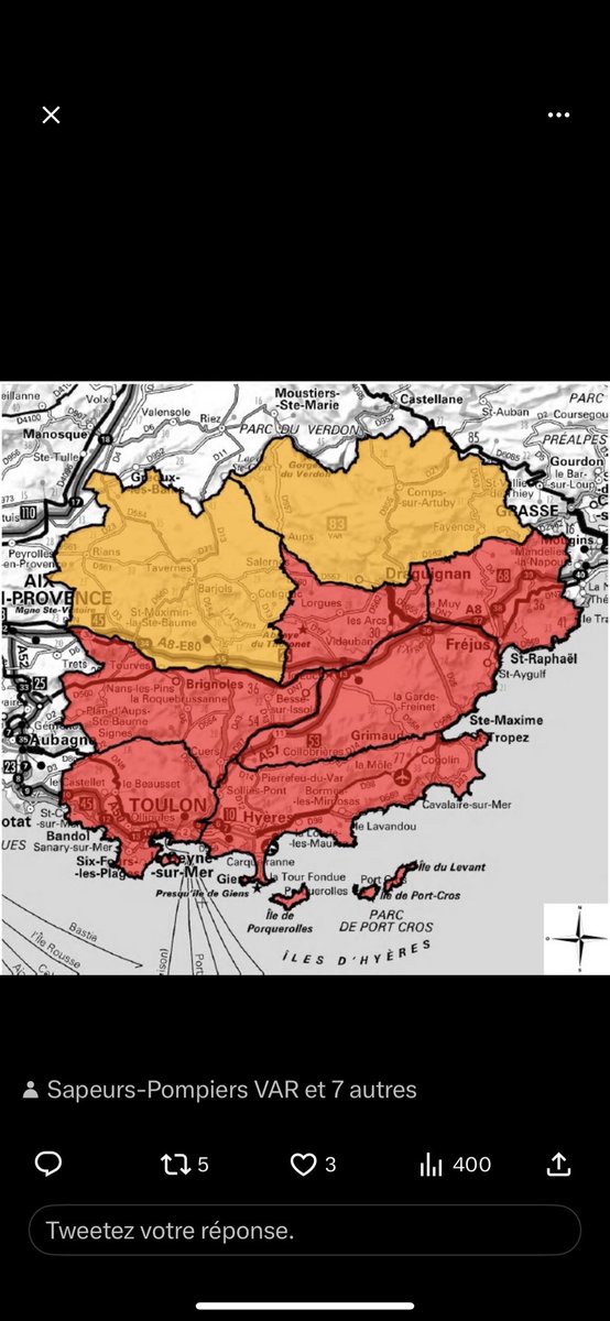 grohin_e's tweet photo. Je le disais hier 
C’était sous estimé, attention a la cohérence grand public.@meteofrance 
Le @Departement_Var ne peut etre en orange pr le grand public et en rouge pour les secours et promeneurs . 
C est la deuxième qui correspond aux réels risques.  @SecCivileFrance @Prefet83 https://t.co/glSJ1PTu91