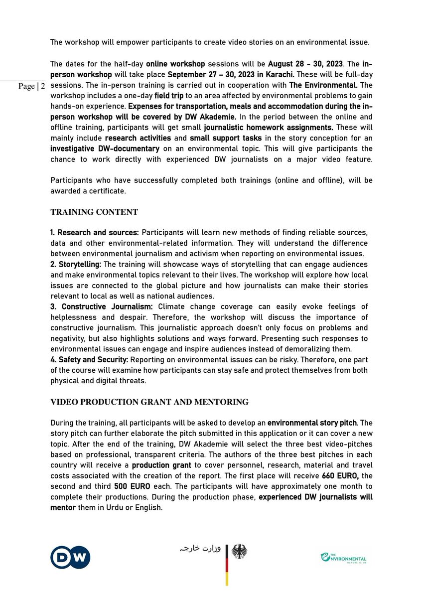 TheEnvironOrg's tweet photo. Are you a journalist based in #Pakistan?  You may apply to a @dw_akademie #workshop on #environmental journalism.

The workshop is part of project "EcoFrontlines"

App DL: 6 Aug 23 11:59 pm. 

See details in images shared. 

Form (En): https://t.co/EX9EibeBlw  

Good Luck!

(1/3) https://t.co/Db4iDzcBMS