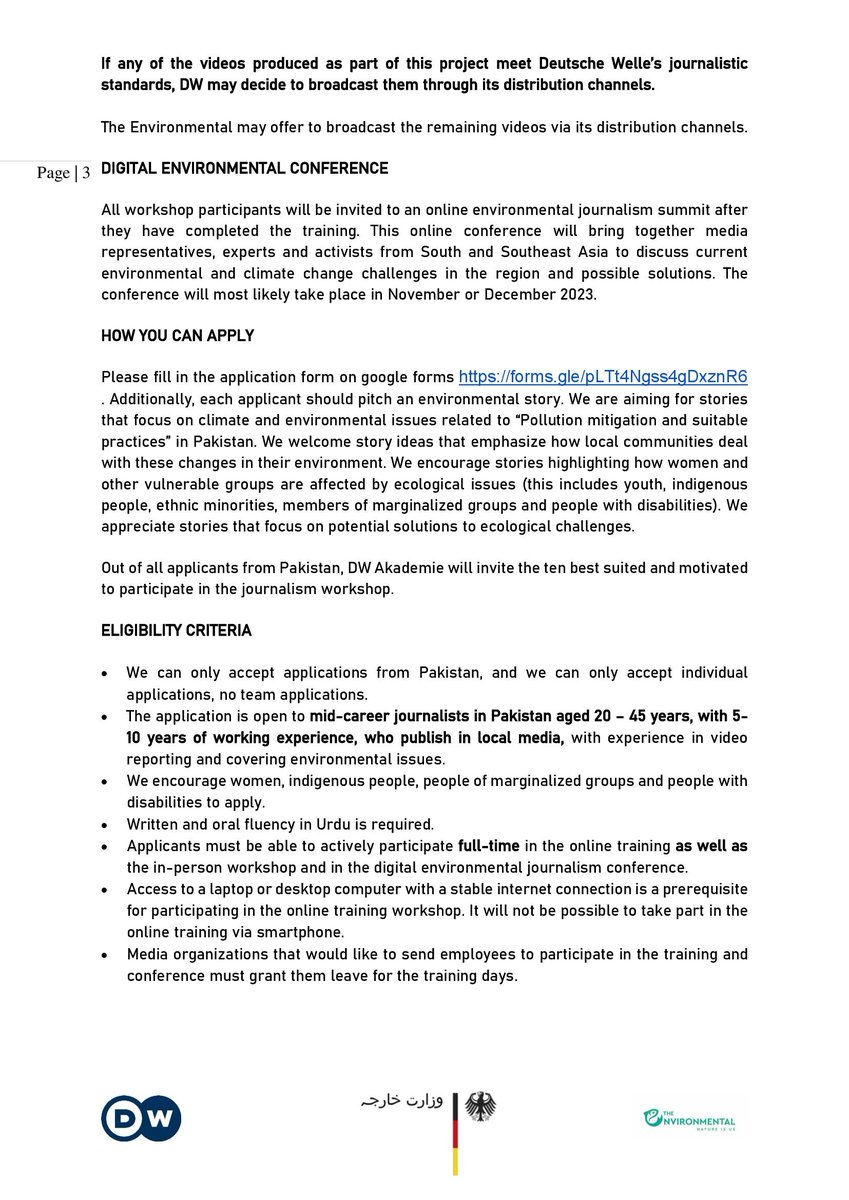 TheEnvironOrg's tweet photo. Are you a journalist based in #Pakistan?  You may apply to a @dw_akademie #workshop on #environmental journalism.

The workshop is part of project "EcoFrontlines"

App DL: 6 Aug 23 11:59 pm. 

See details in images shared. 

Form (En): https://t.co/EX9EibeBlw  

Good Luck!

(1/3) https://t.co/Db4iDzcBMS