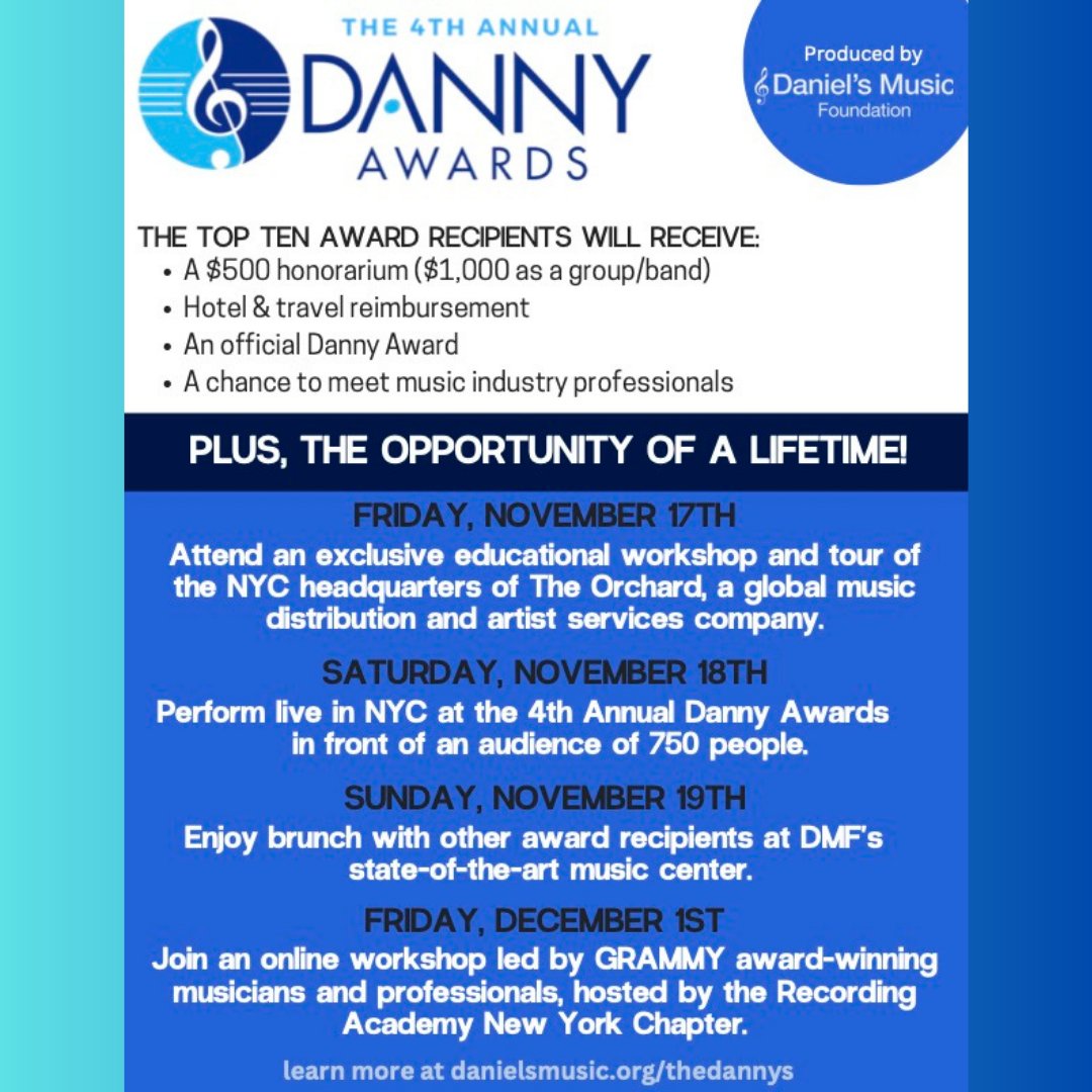 Only one week left to enter the 2023 Danny Awards - Call for entries deadline: July 31st. Top TEN award recipients will receive an incredible prize package, plus a chance to be considered for our record label, Just Call Me By My Name. Visit danielsmusic.org/thedannys to enter today!