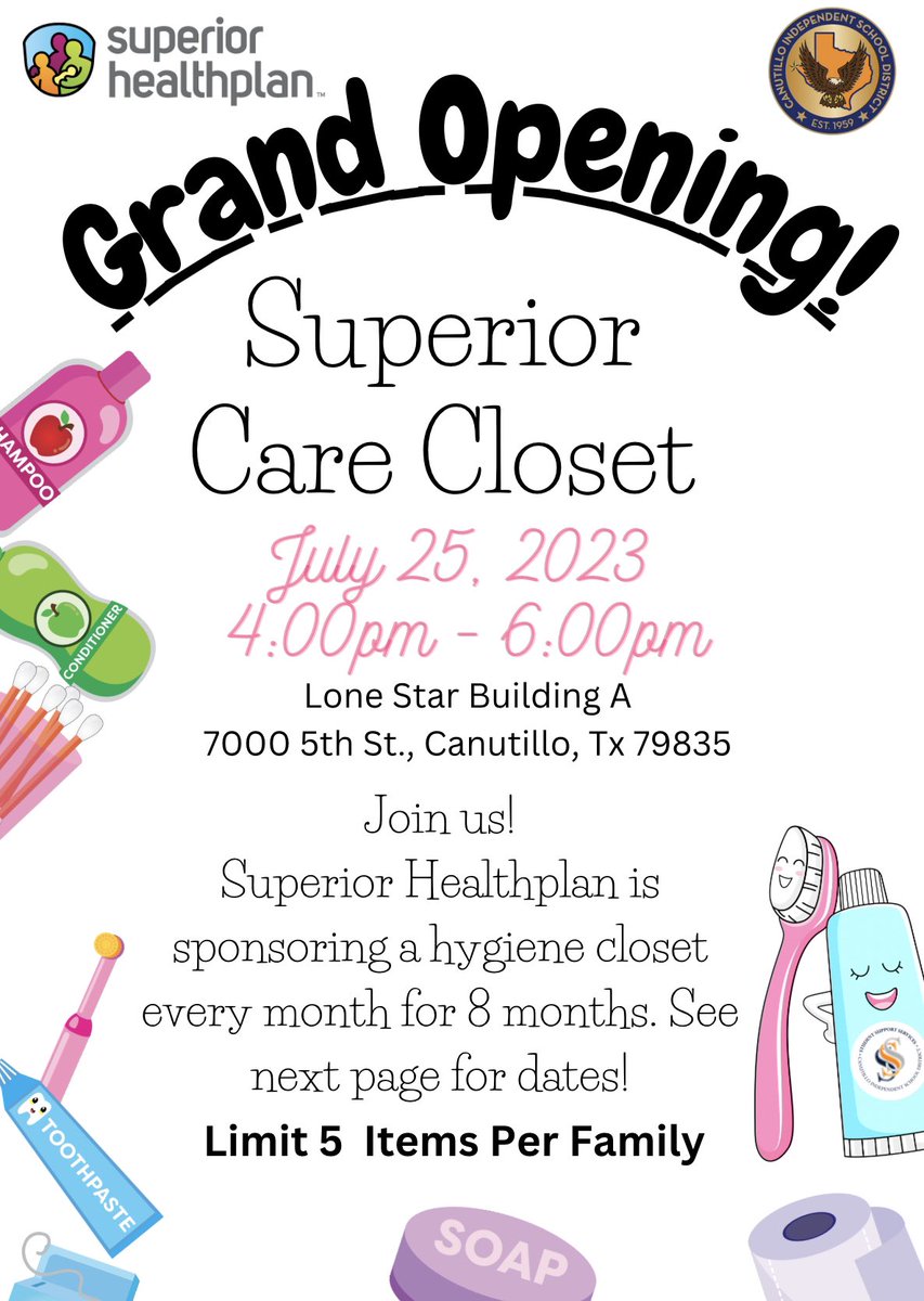 🧡‼️ATTENTION CANUTILLO COMMUNITY‼️ 🧡

School is around the corner! Need hygiene products? 

Join us tomorrow for the Grand Opening of our Superior Care Closet! 

You can join us from  10-11am or 4-6pm 

See you there! 🧡