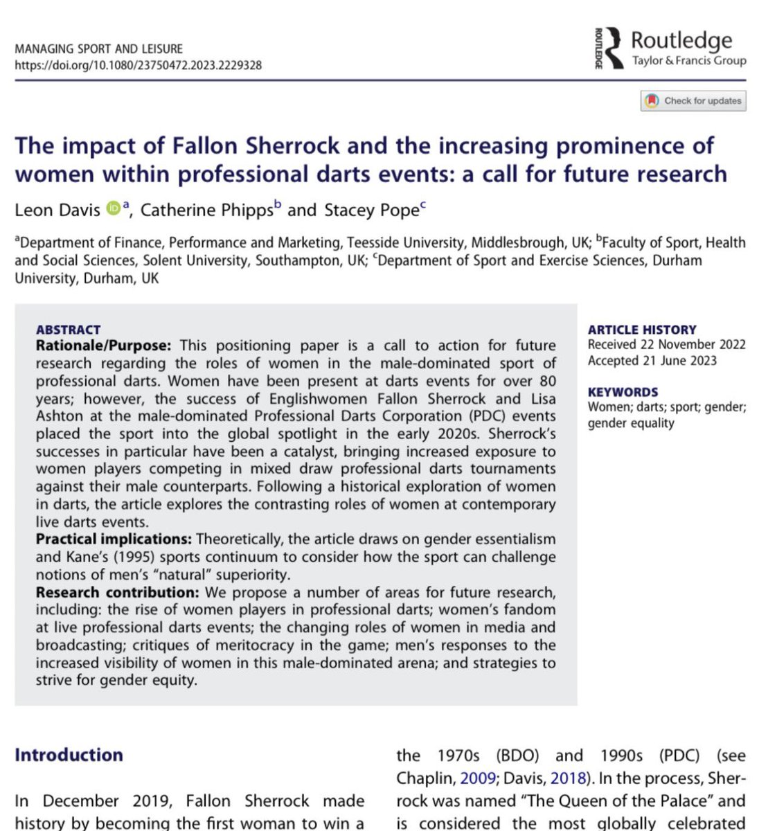 Dr Leon Davis (@leon2209) on Twitter photo Happy to announce recently published research with <a href="/DrCatPhipps/">Catherine Phipps</a> and <a href="/StaceyPope20/">Stacey Pope</a> regarding the changing roles of women in PDC darts and the strive for gender equity in professional sports - free copies are here:
tandfonline.com/eprint/3ATJAFP…
<a href="/TeessideUni/">Teesside University</a> <a href="/SolentUni/">Southampton Solent University</a> <a href="/durham_uni/">Durham University</a> Happy to announce recently published research with <a href="/DrCatPhipps/">Catherine Phipps</a> and <a href="/StaceyPope20/">Stacey Pope</a> regarding the changing roles of women in PDC darts and the strive for gender equity in professional sports - free copies are here:
tandfonline.com/eprint/3ATJAFP…
<a href="/TeessideUni/">Teesside University</a> <a href="/SolentUni/">Southampton Solent University</a> <a href="/durham_uni/">Durham University</a>
