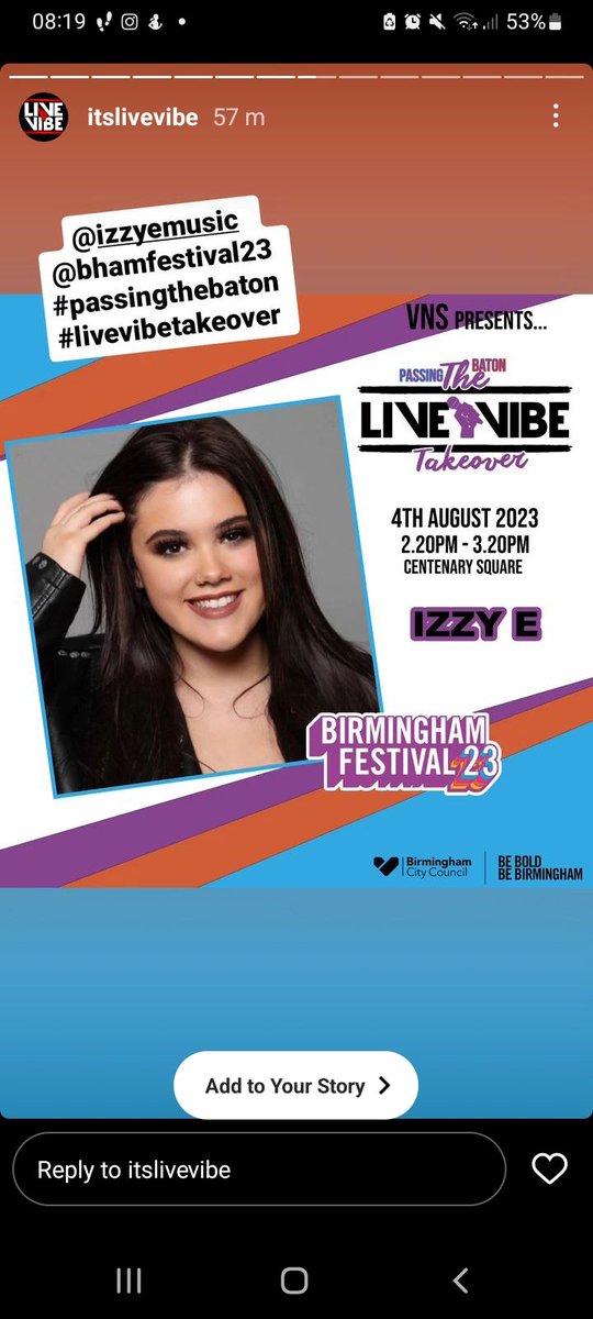I will be performing at <a href="/bhamfestivals/">Birmingham Festivals</a> #passthebaton #Livevibetakeover
<a href="/ItsLiveVibe/">Live Vibe</a> stage and can't wait 
Thank you so much
<a href="/bbcwm/">BBC Birmingham & Black Country</a>
<a href="/imagineBOA/">BOA Creative, Digital & Performing Arts Academy</a>