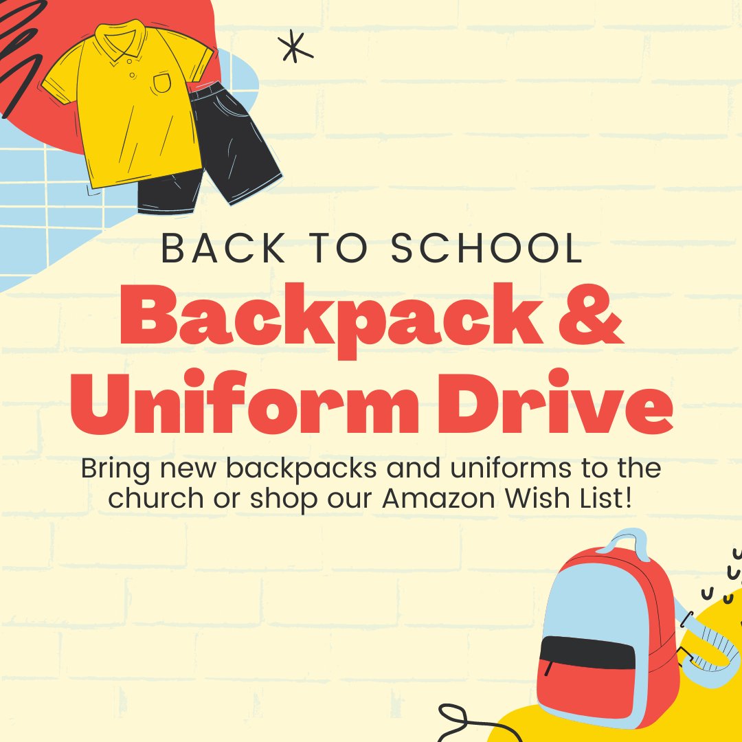 This is the last call for donations for our Backpack &amp; Uniform Drive! Help students in our local schools get started on the right foot! Bring donations to church this Sunday or shop our Amazon Wish List at a.co/0EJDEpg.  

#backtoschool #backtoschooltampa #semheights