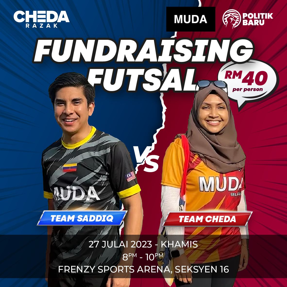 JonathanLuke87's tweet photo. Only 3 more days to Team Cheda vs Team @SyedSaddiq in our fundrasing futsal match at Frenzy Sports Arena, Shah Alam. Register now at https://t.co/mjstexjo7d

Thank you for the support everyone https://t.co/J2S0cLoJtD