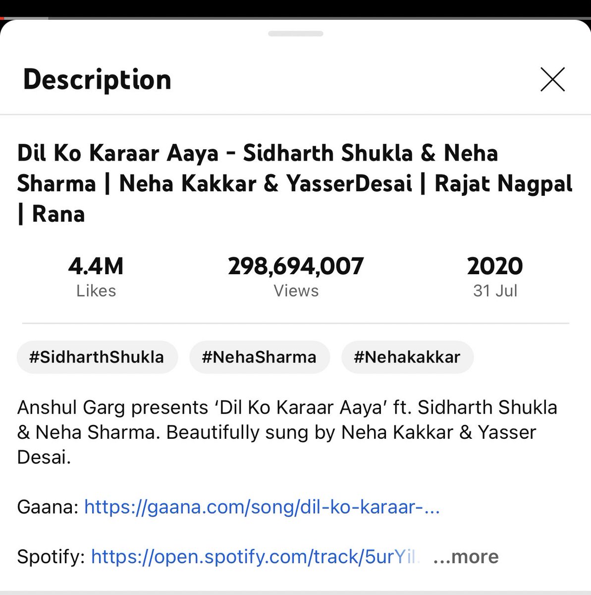 Keep streaming guys 
 🎶  #DilKoKaraarAaya  🎶
          Latest view count...
             298,694,007

#SidharthShukla  #SidHearts