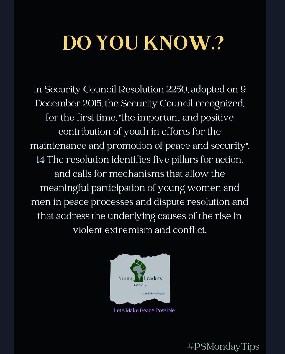 Every Monday @youngleaders_tz will be sharing some tips regarding Governance, Peace and Security through the LMPP (Let’s Make Peace Possible) Campaign.! Cc: @youngleaders_tz @YoungLeaders_Tz #LMPPCampaign #YouthPeaceAndSecurity #YPS #Youth #Peace #Security