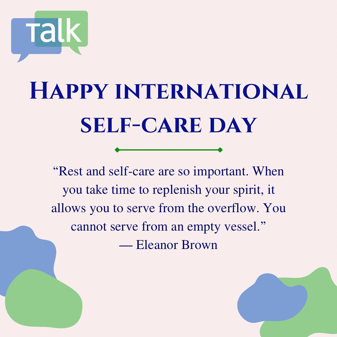 July 24th is International Self-Care Day! 

Self-care can help manage stress and prevent burnout, lower risk of illness, and increase energy.

TALK is here to listen every day from 6pm-2am in case talking out your thoughts and feelings is your favourite form of self-care📞💙💚
