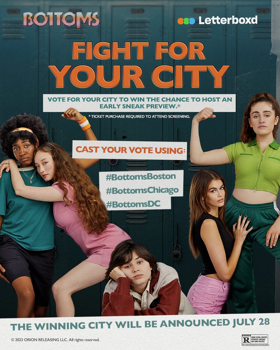 Bottoms on X: 🗣️Listen up!! It's time to #FightForYourCity for the chance  to win an advanced sneak preview* of #BottomsMovie. Cast your vote in round  one using #BottomsBoston, #BottomsChicago, or #BottomsDC. Voting