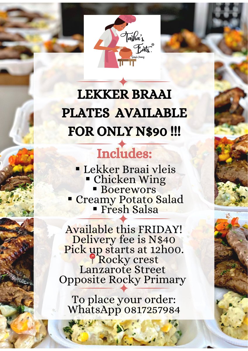Lientjies3's tweet photo. Hey Food lovers 🙃
I will be making Lekker Braai plates this Friday 28th July 2023 for only N$90…
Please place your orders with us by Thursday morning through WhatsApp on 0817257984. 

Please RT, my clients could be on your feed. https://t.co/CUcOkRSrWH