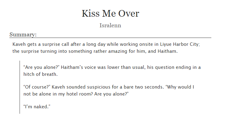 isralennt's tweet photo. 🏛️🌱🔞 #kavetham #kavethamweek_nsfw2023
▫️make-up sex over the phone
▫️haitham made kaveh's bed all wet
▫️liyue has nice hotels
backlog for Week 2 prompts; Lustrous Liyue; Fighting
link to read below ⬇️ https://t.co/WsXzAJgUWJ