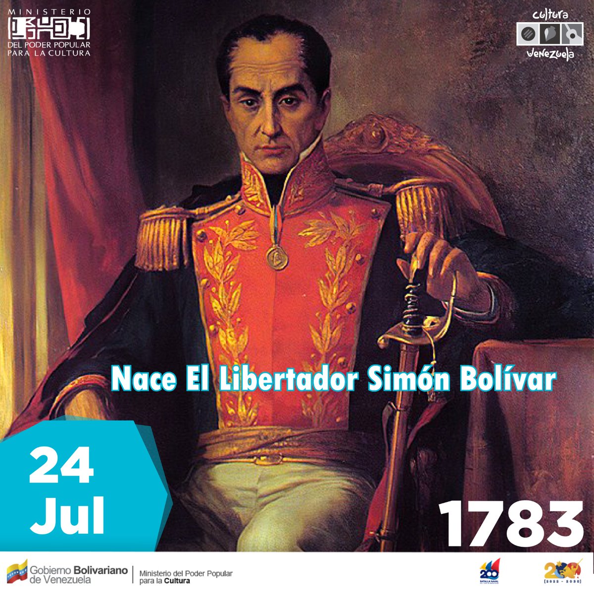 📆 ✨Hoy 24 de julio, conmemoramos 240 años del natalicio de nuestro Simón José Antonio de la Santísima Trinidad Bolívar y Palacios, el Libertador; ejemplo de lucha, valentía y amor por su tierra. Uno de los personajes cimeros de la historia universal. 

#BatallaNaval200