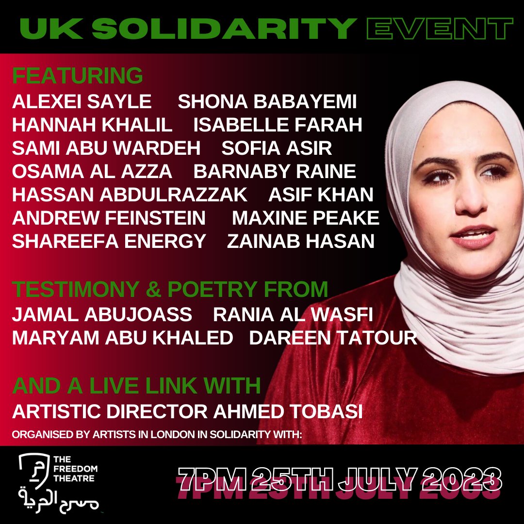 🚨NEW EVENT - Tara Theatre - 25 July 7PM

Join @samiabuwardeh, @MPeakeOfficial, Alexei Sayle and more at @TaraTheatre for a night of comedy, poetry and performance to build solidarity and fundraise for the @freedom_theatre in Palestine. 

Book now ➡️ tinyurl.com/bdh8rdbz