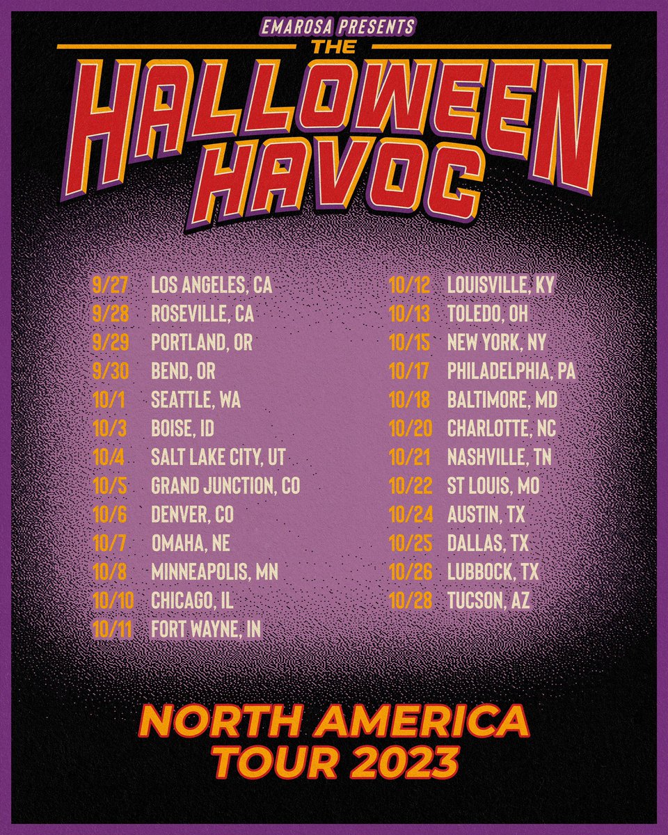 Emarosa's tweet photo. Presenting the Halloween Havoc North American Tour. Along our good friends @dangeroussummer &amp; @FirstForeverAZ. VIP on sale Wednesday. GA on sale Friday. 💪🏼 https://t.co/xd4wOg0d7u