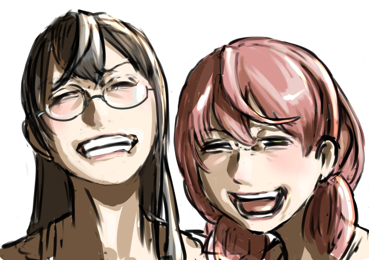 akashi (kancolle) ,ooyodo (kancolle) multiple girls 2girls glasses black hair pink hair long hair open mouth  illustration images