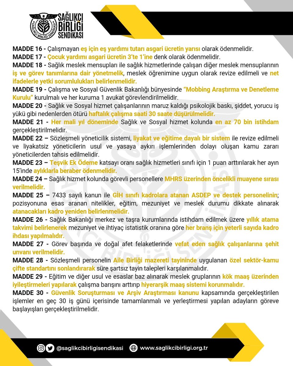 Sağlık ve Sosyal Hizmet koluna ilişkin 7. Dönem Toplu Sözleşme Taleplerimiz ektedir. Her bir maddeyi toplu sözleşme masasına göndererek sahanın gerçek taleplerini ilan ediyoruz. Talepte bulunduğumuz maddelerin kazanımı için var gücümüzle çalışacağız!