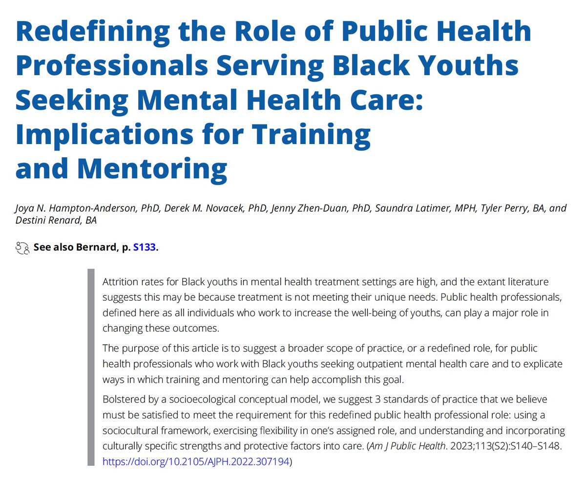 Public health professionals must redefine their role by operating from a sociocultural framework to best serve Black youth seeking mental health care

Read more here: buff.ly/3JEaUrT

<a href="/joyanichelle_/">Joya Hampton-Anderson, PhD</a> <a href="/derek_novacek/">Derek Novacek</a> @DrJennyZD
